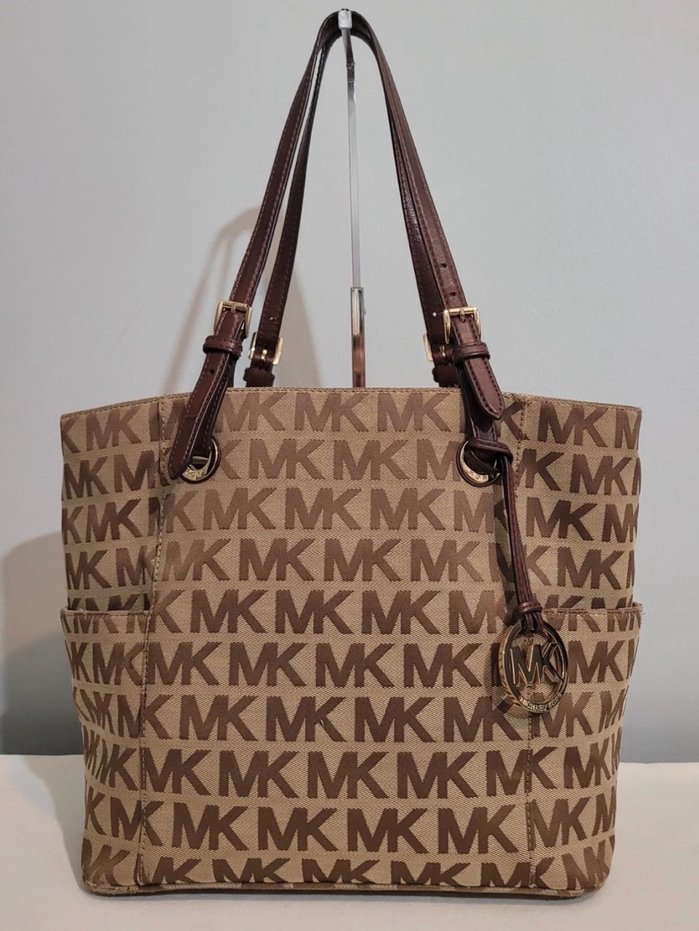 MICHAEL Michael Kors Tan and Brown MK Logo Tote with Leather Straps